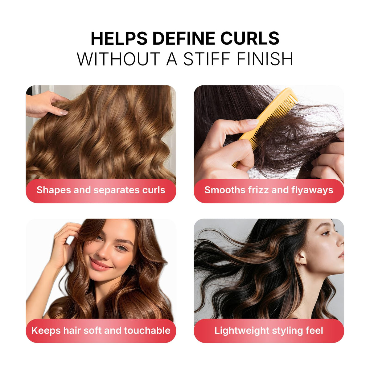 Karseell being applied to damp curly hair to define curls and reduce frizz