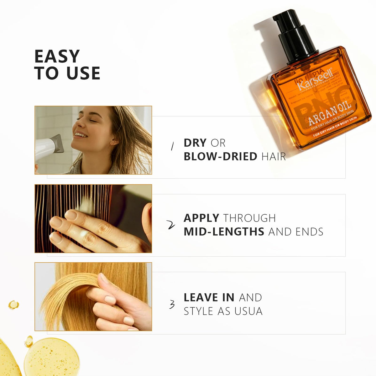 Karseell argan oil being applied to damp hair to reduce frizz and smooth strands