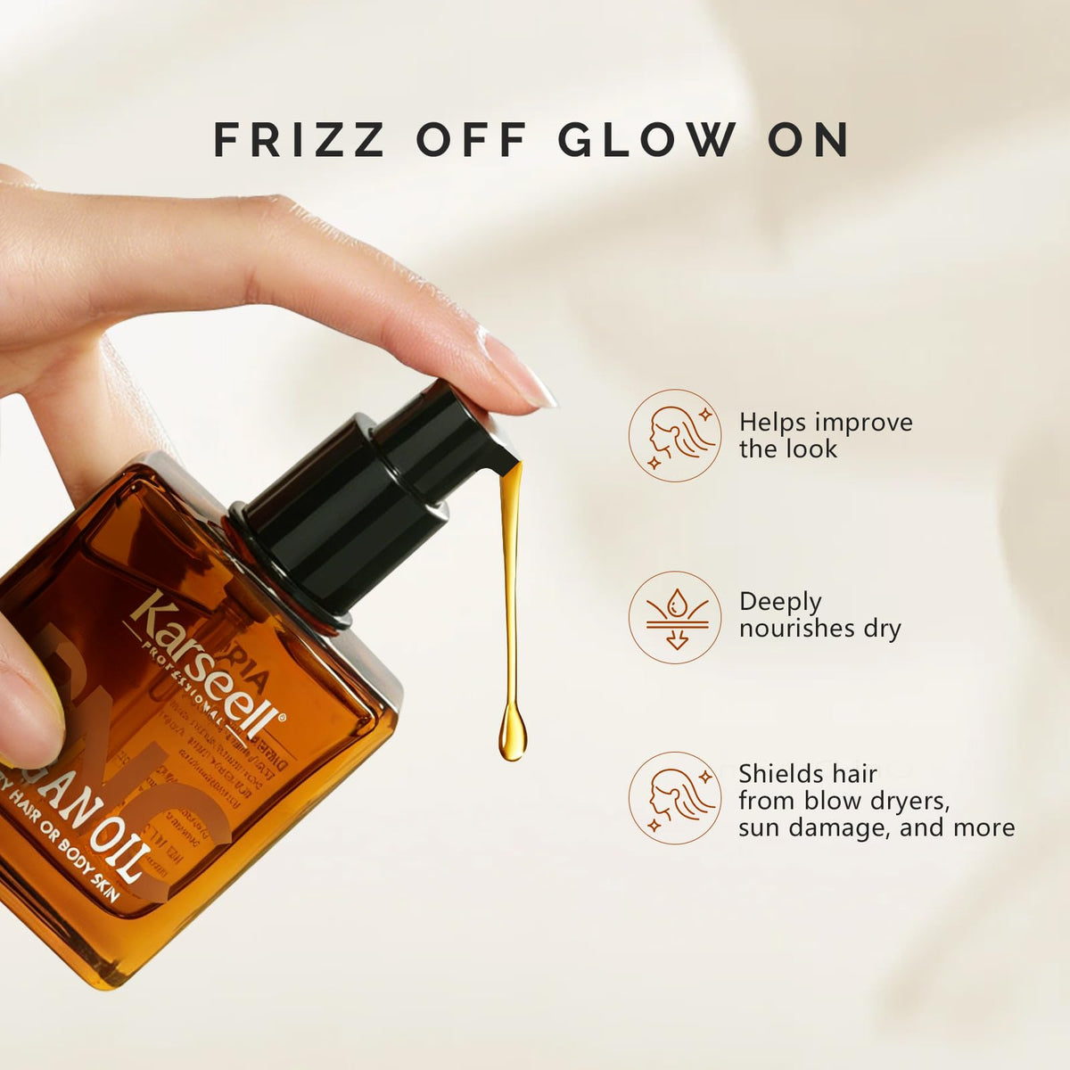 Karseell argan oil texture on hand demonstrating lightweight non-greasy feel