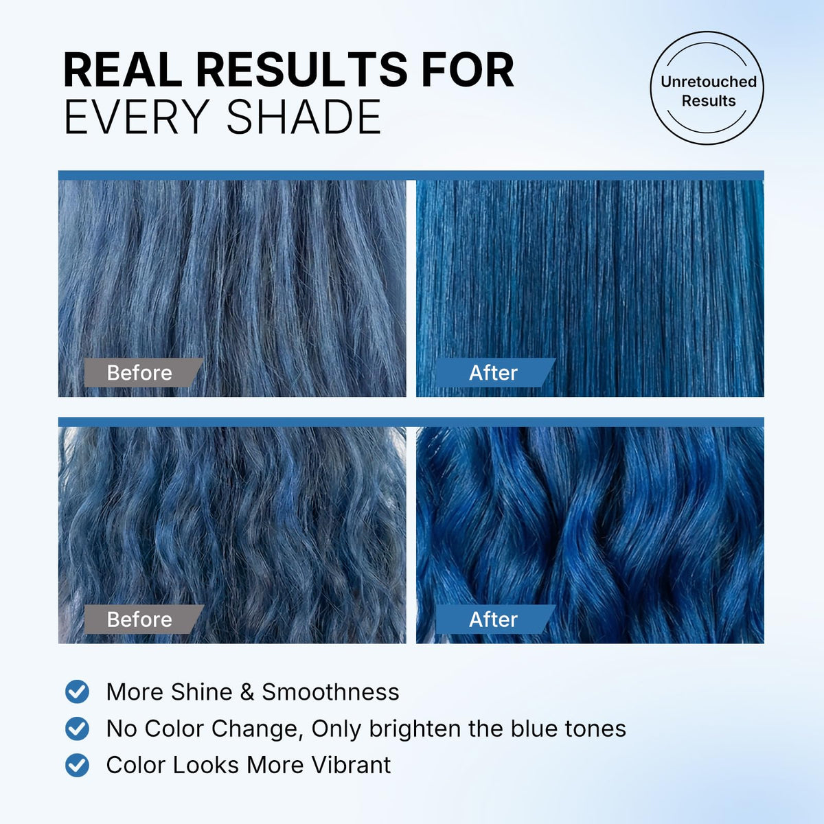 Karseell before and after blue tone refresh on lightened hair showing visible vibrancy