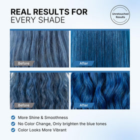 Karseell before and after blue tone refresh on lightened hair showing visible vibrancy