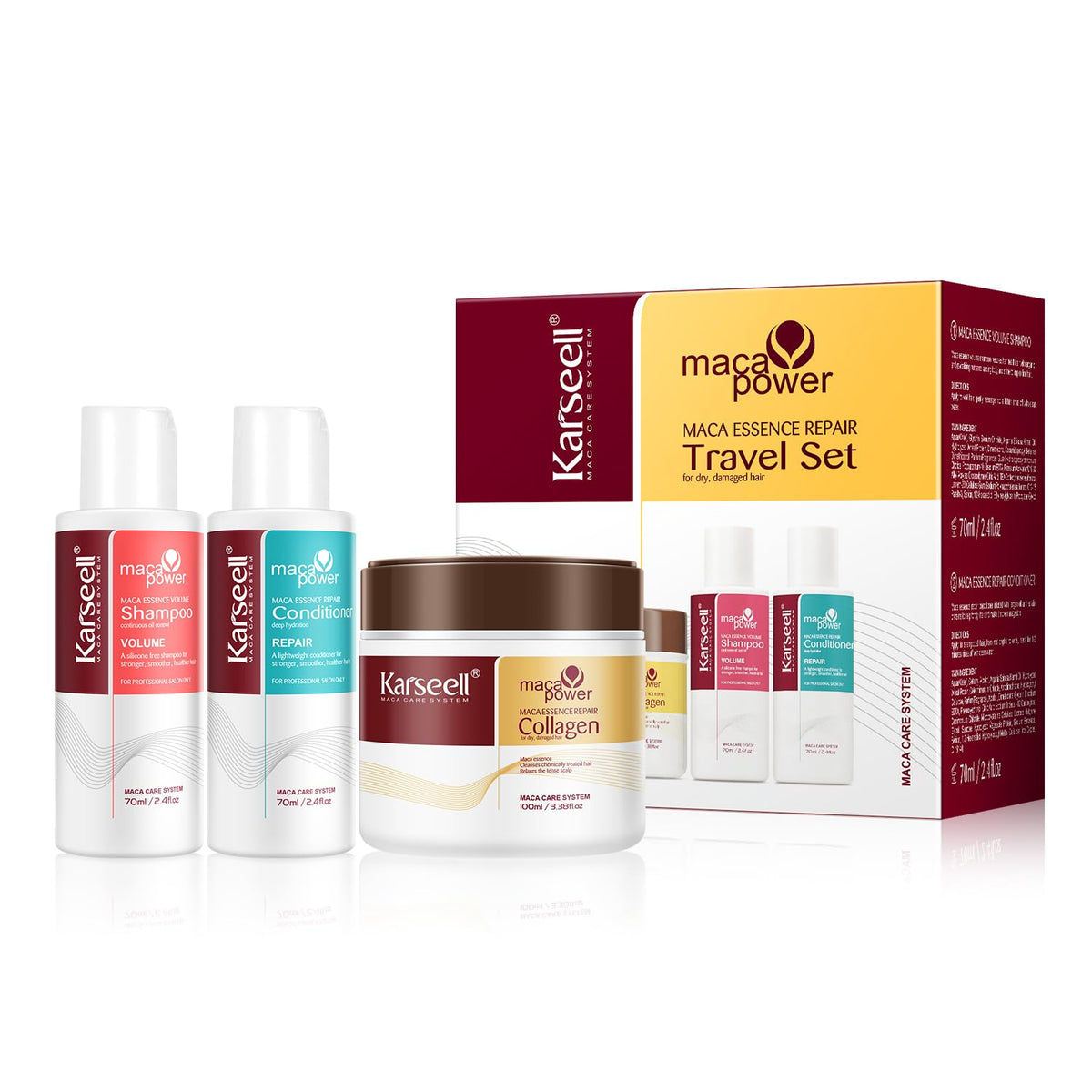 Karseell front packaging travel kit shows compact bottles and convenience