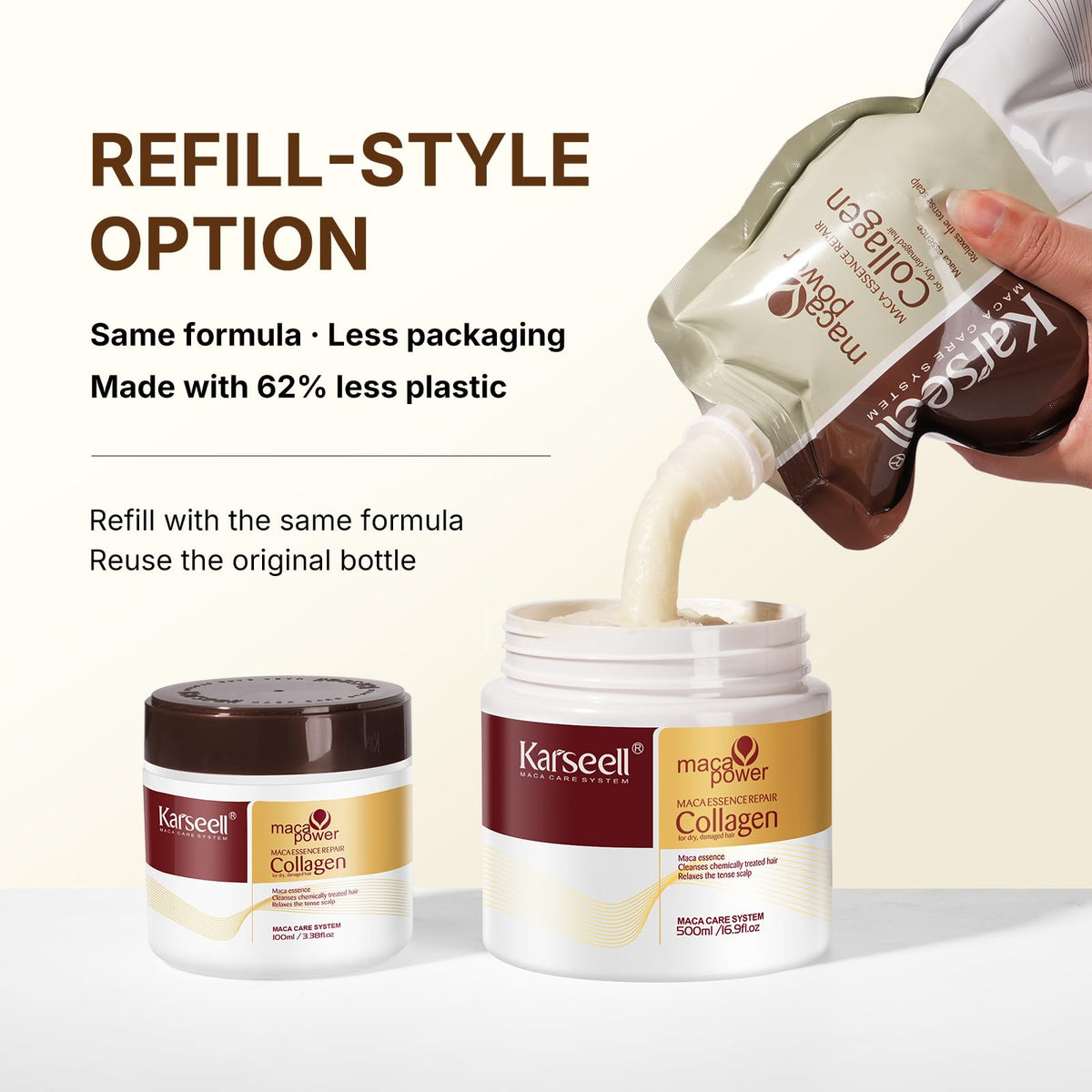 Karseell size comparison with hand illustrating 500ml travel-friendly capacity
