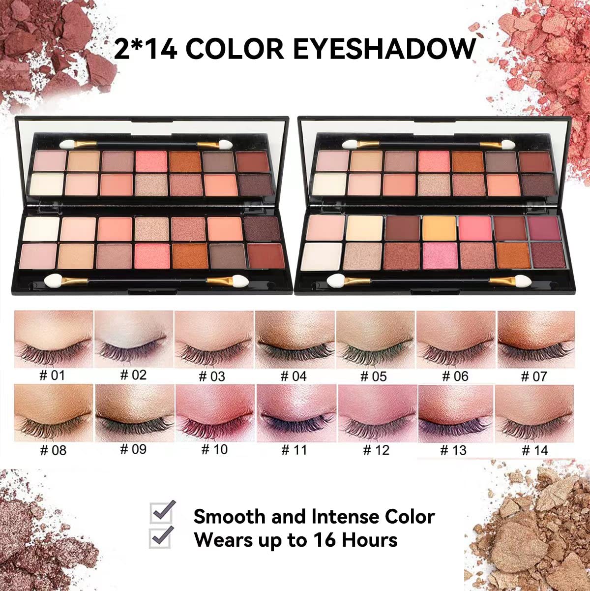KARUIZI open eyeshadow palettes displaying 14 shades each for versatile looks
