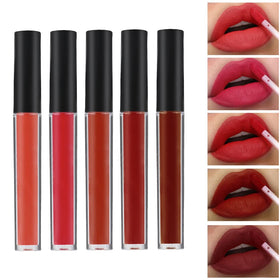 KARUIZI five lip glosses lined up showing glossy finishes for layered color
