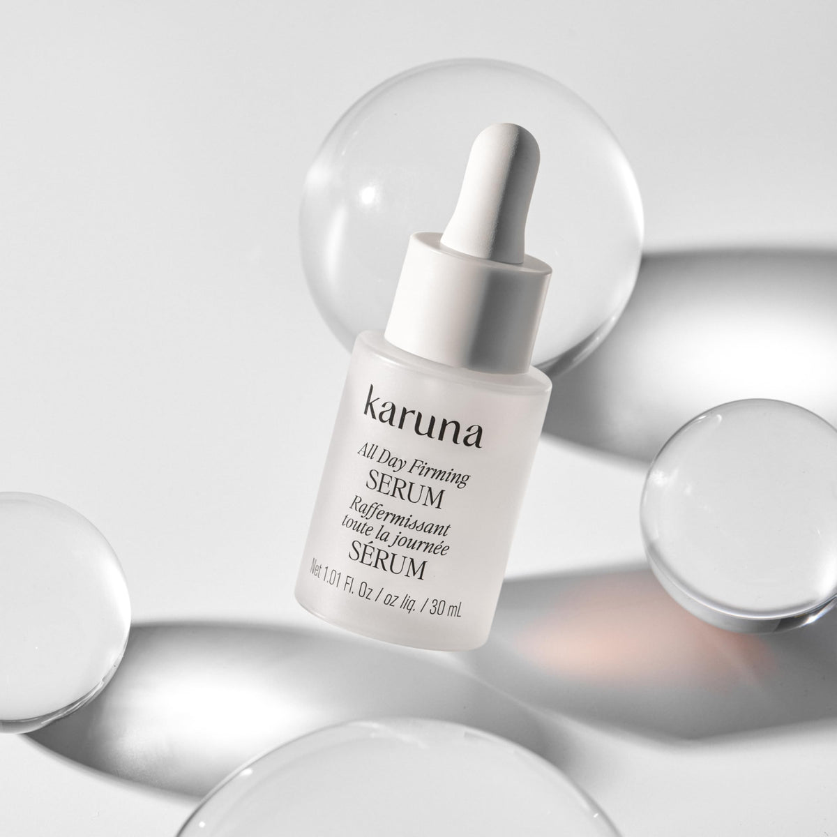 Karuna bottle on bathroom shelf demonstrating daily routine readiness