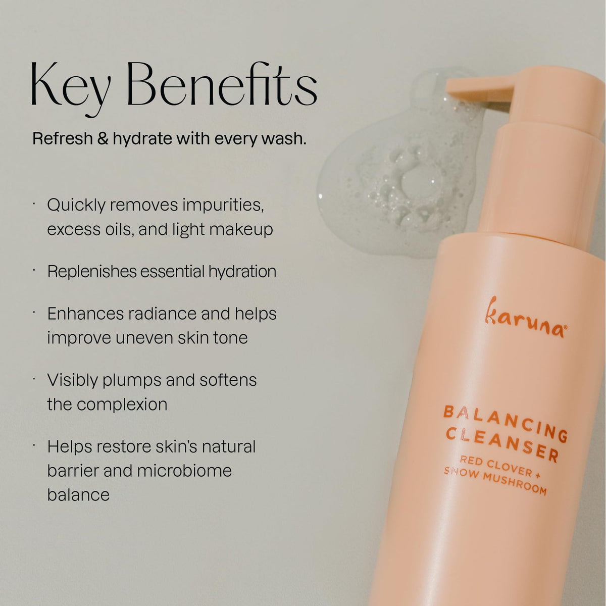 Karuna label close-up showing key actives and clarity benefit