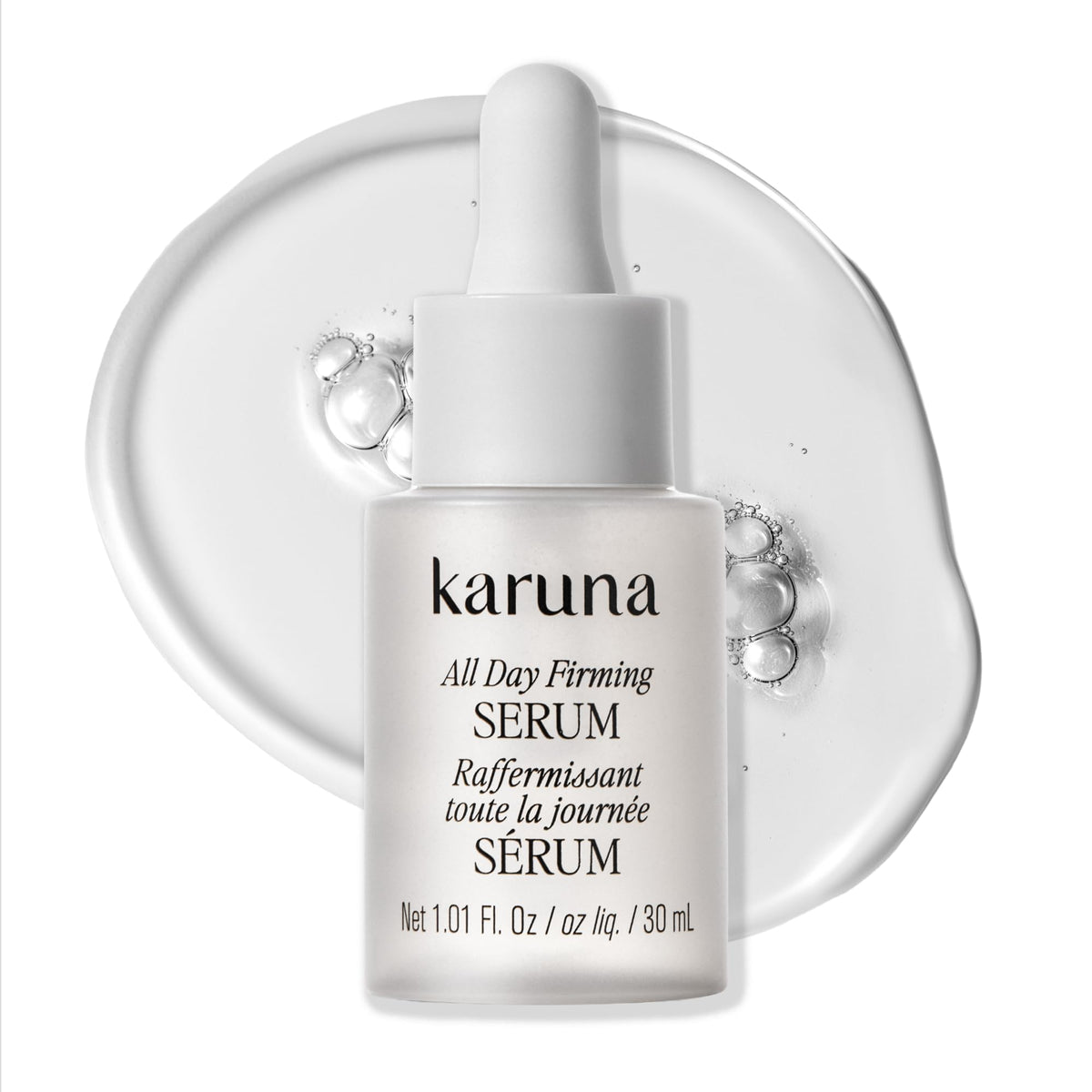 Karuna serum on vanity in morning light showing fresh, dewy complexion