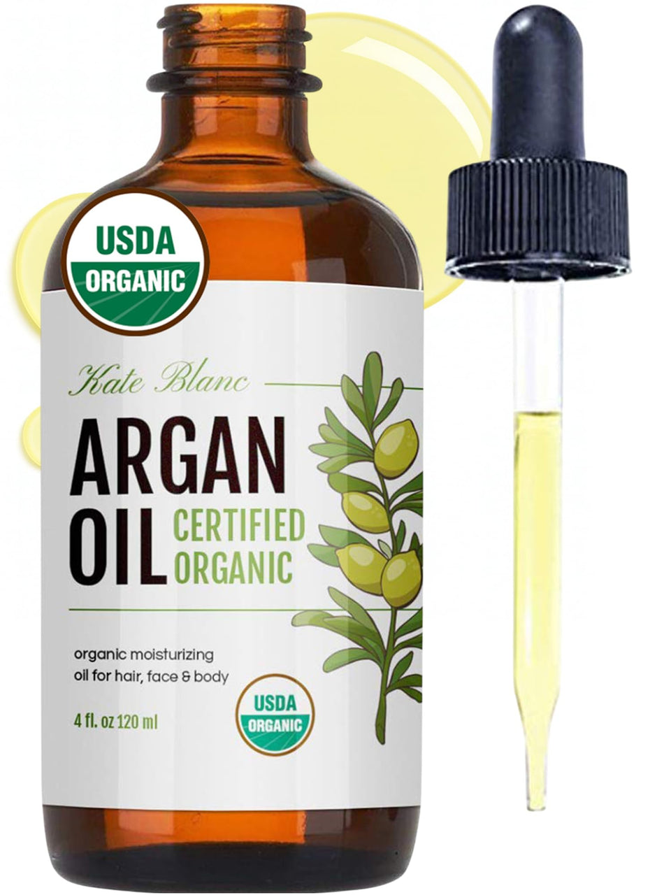 Kate Blanc Cosmetics bottle front showing pure argan oil benefits