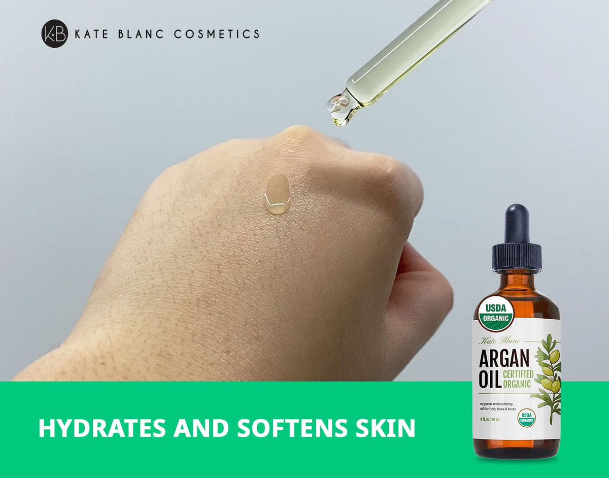 Kate Blanc Cosmetics applying argan oil to hair ends for frizz control