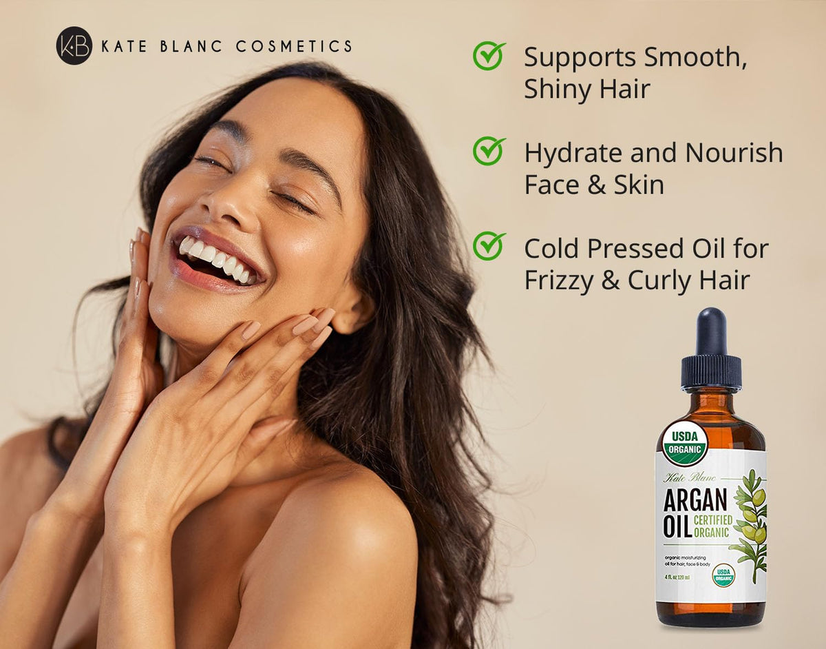 Kate Blanc Cosmetics pouring argan oil drop for precise use and control