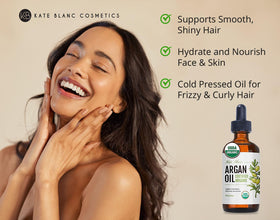 Kate Blanc Cosmetics pouring argan oil drop for precise use and control