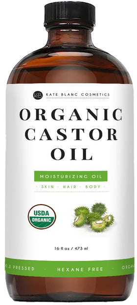 Kate Blanc Cosmetics front view of 16oz glass bottle showing organic castor oil and label, preserves purity
