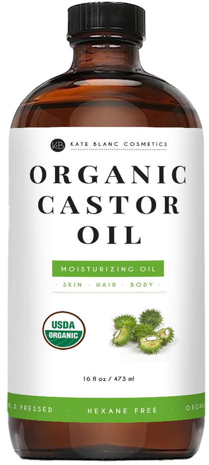 Kate Blanc Cosmetics front view of 16oz glass bottle showing organic castor oil and label, preserves purity