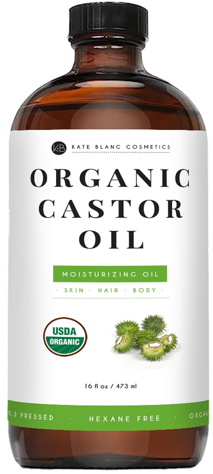 Kate Blanc Cosmetics front view of 16oz glass bottle showing organic castor oil and label, preserves purity
