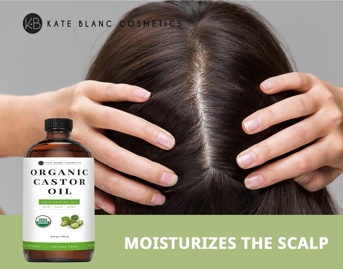 Kate Blanc Cosmetics oil applied to hair ends and brows in routine, demonstrates conditioning benefit