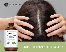 Kate Blanc Cosmetics oil applied to hair ends and brows in routine, demonstrates conditioning benefit