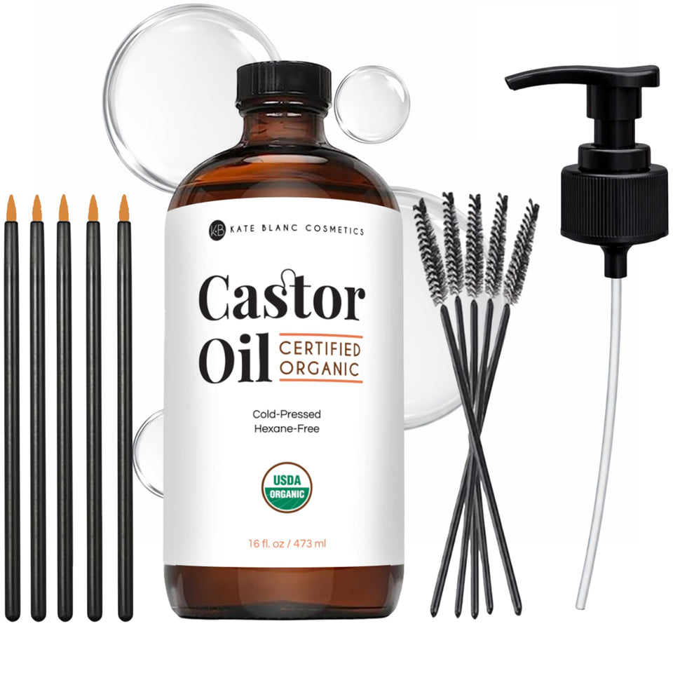 Kate Blanc Cosmetics front label showing pure organic castor oil benefits