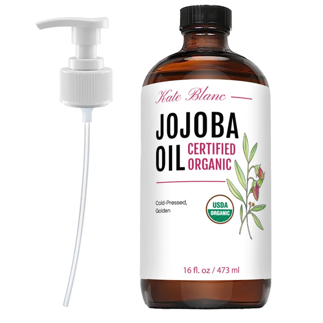Kate Blanc Cosmetics front bottle showing organic jojoba oil benefits for daily hydration