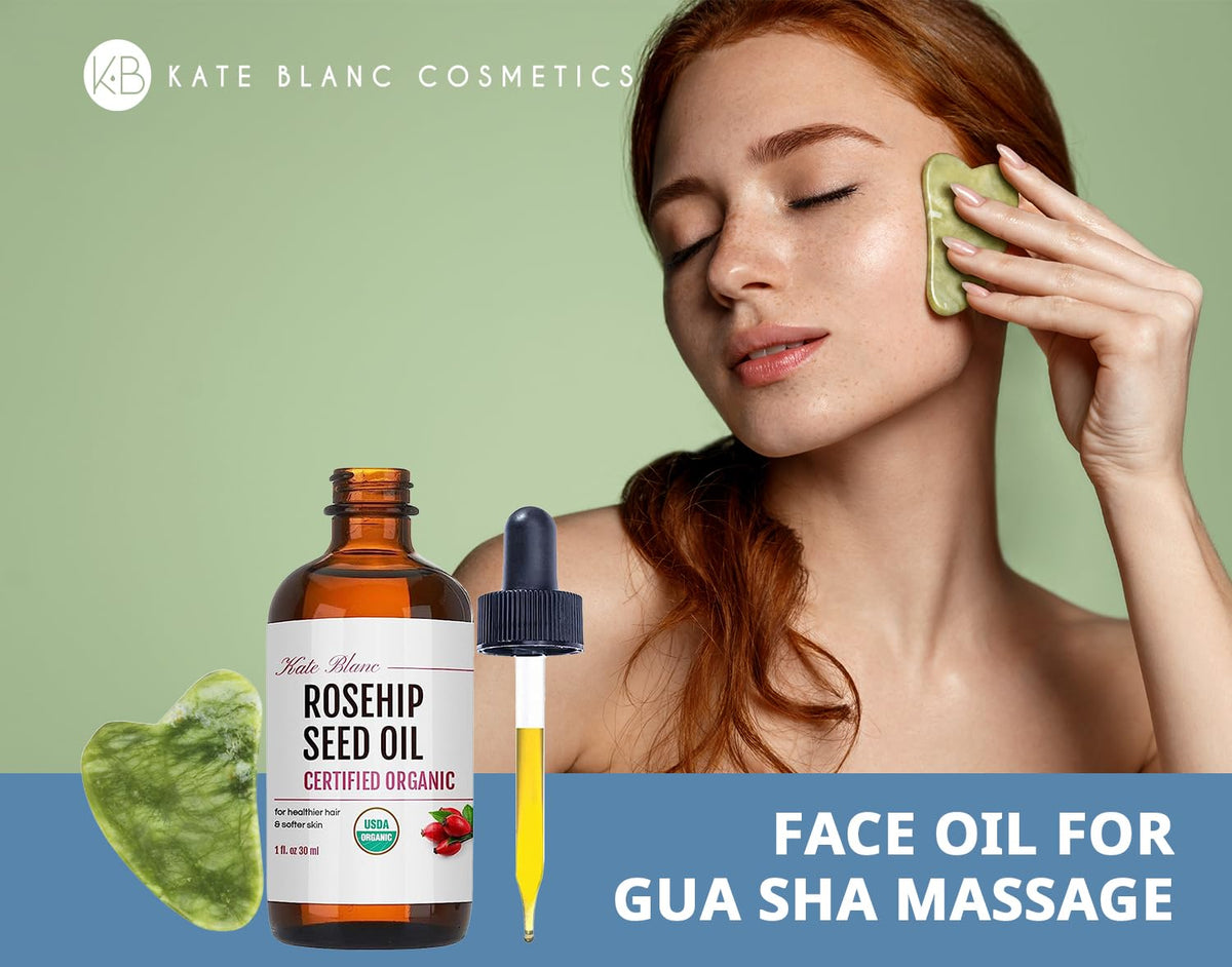 Kate Blanc Cosmetics bottle and jade stone staged in bathroom for relaxing self-care