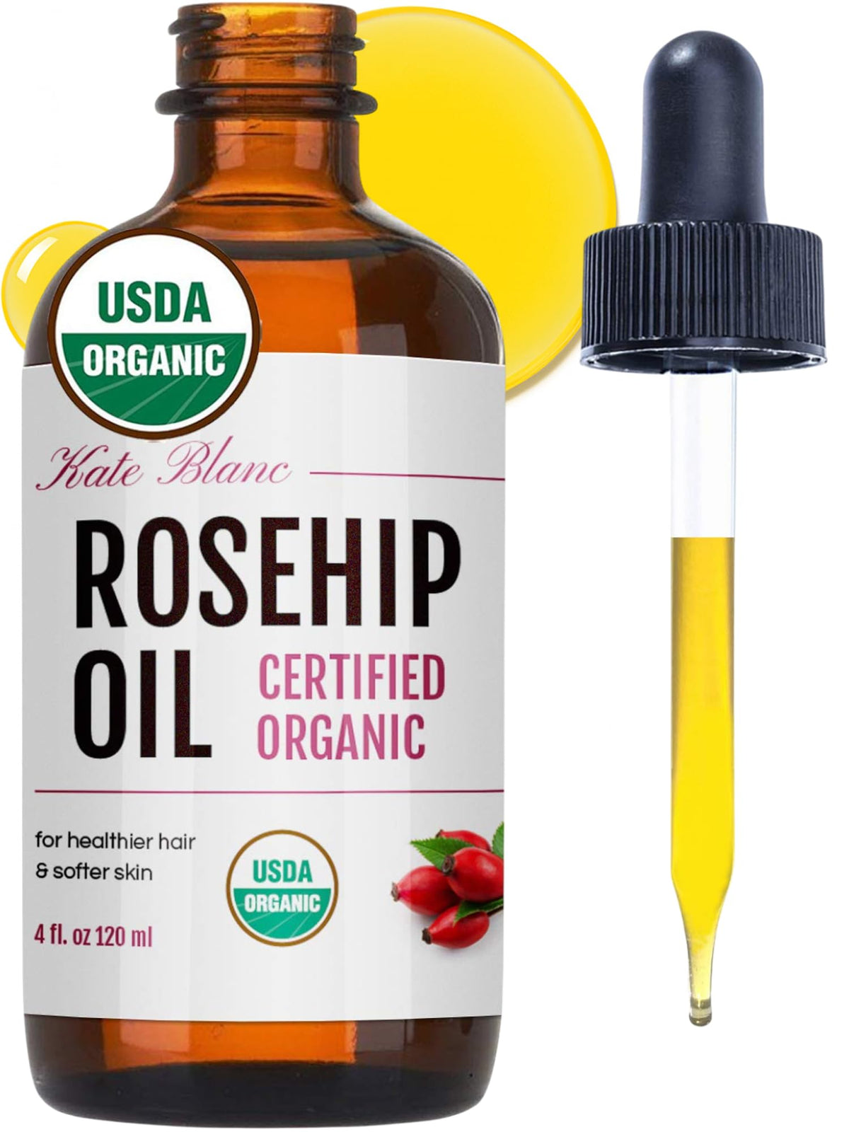 Kate Blanc Cosmetics bottle front view showing pure rosehip oil benefits
