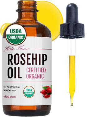Kate Blanc Cosmetics bottle front view showing pure rosehip oil benefits
