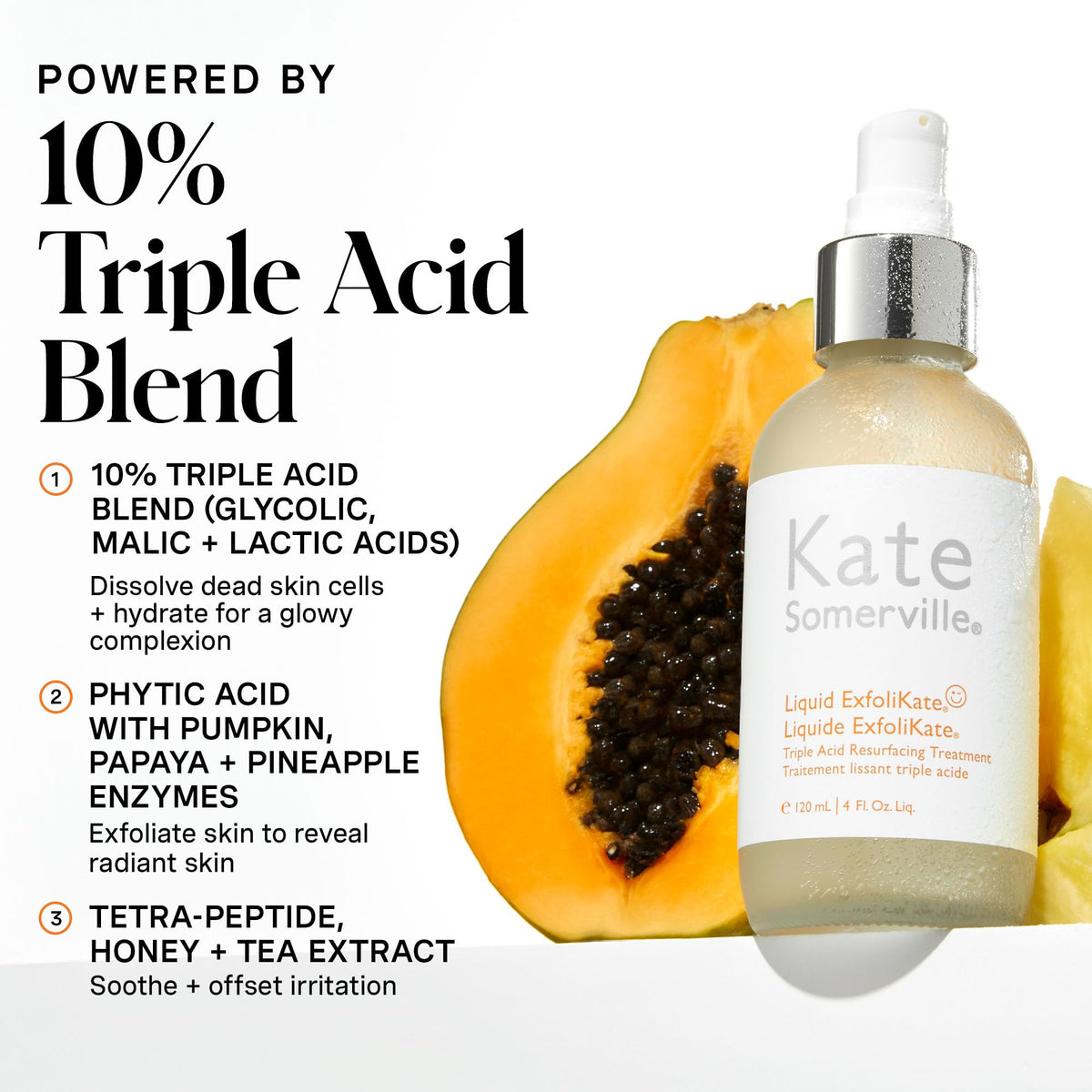 Kate Somerville liquid pouring texture highlighting lightweight, fast-absorbing exfoliant
