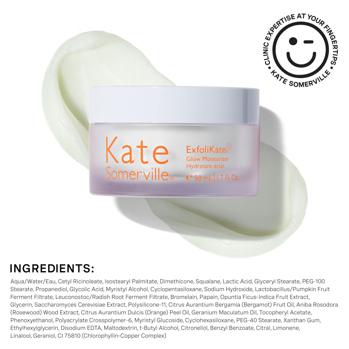 Kate Somerville label close-up highlighting clinically tested and clean formula