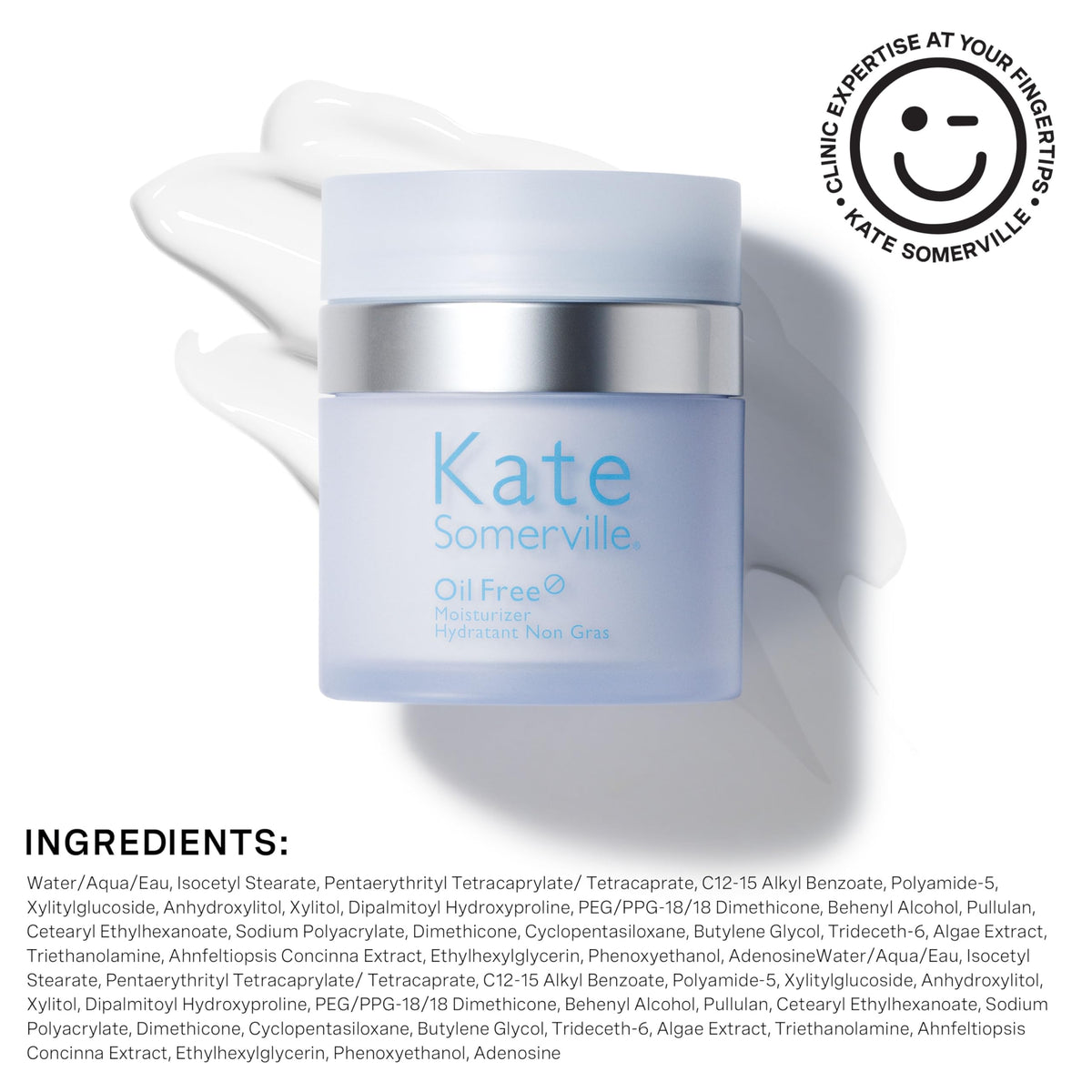 Kate Somerville cream on hand indicating smooth finish and quick absorption benefit