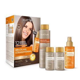 KATIVA kit front packaging showing full at-home keratin set and ease