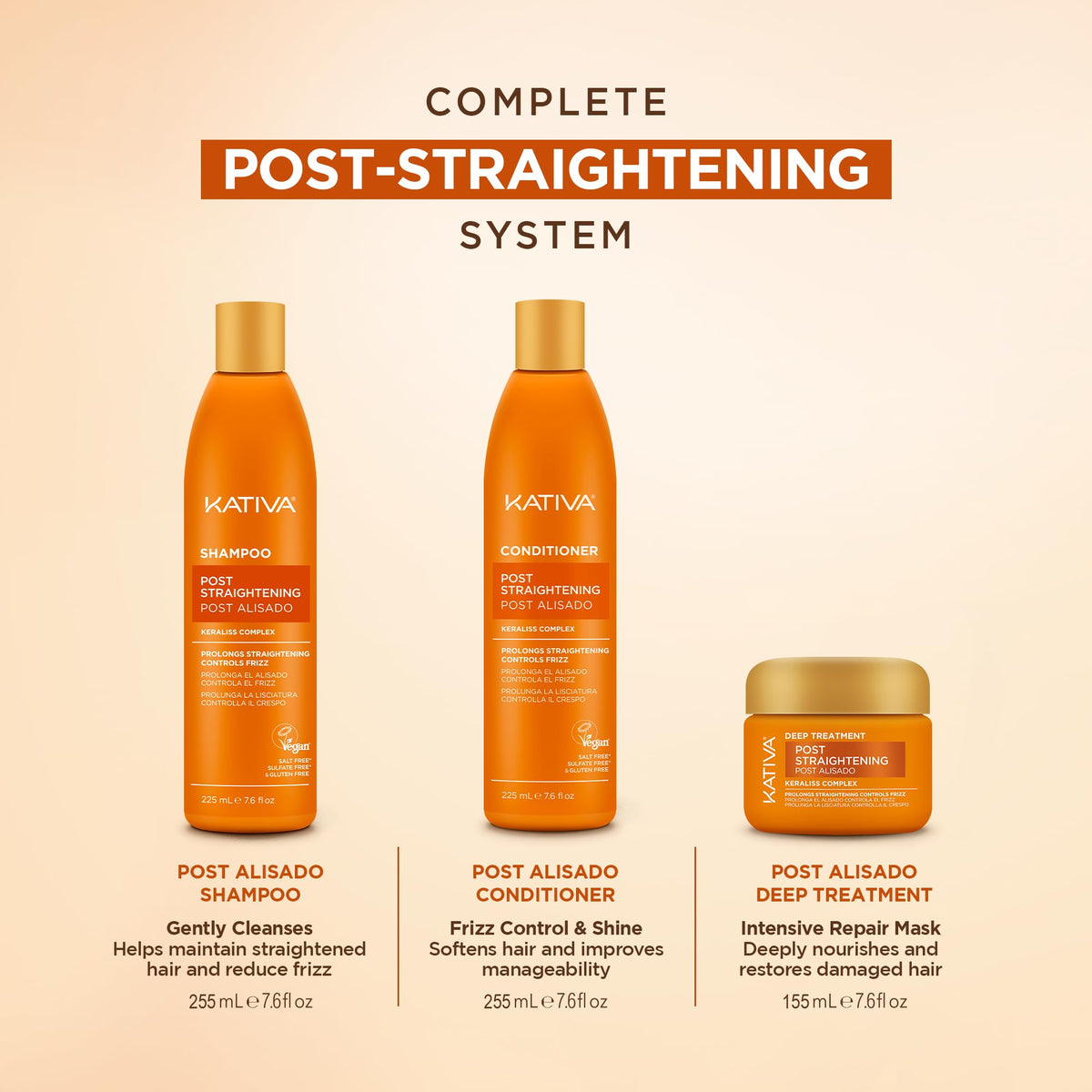 KATIVA shampoo pump close-up highlighting gentle sulfate-free cleansing for preserved straightening