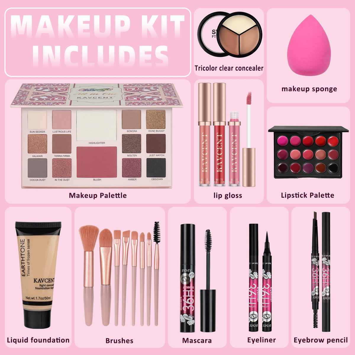 KAVCENT eyeshadow palette open revealing matte and shimmer shades for variety