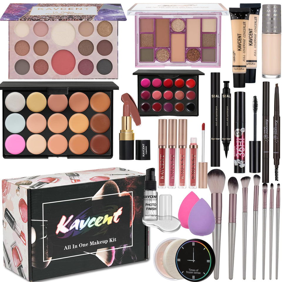 KAVCENT open kit showing palettes and tools for easy full-face makeup