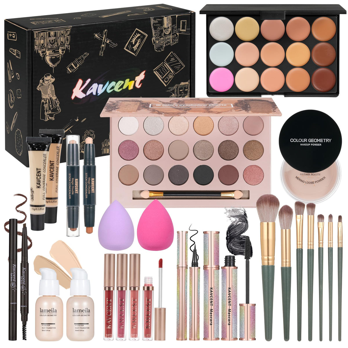 KAVCENT front packaging showing complete makeup kit and organized layout benefit portability