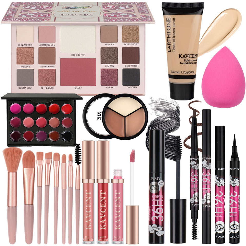KAVCENT front packaging showing complete gift-ready makeup kit and convenience