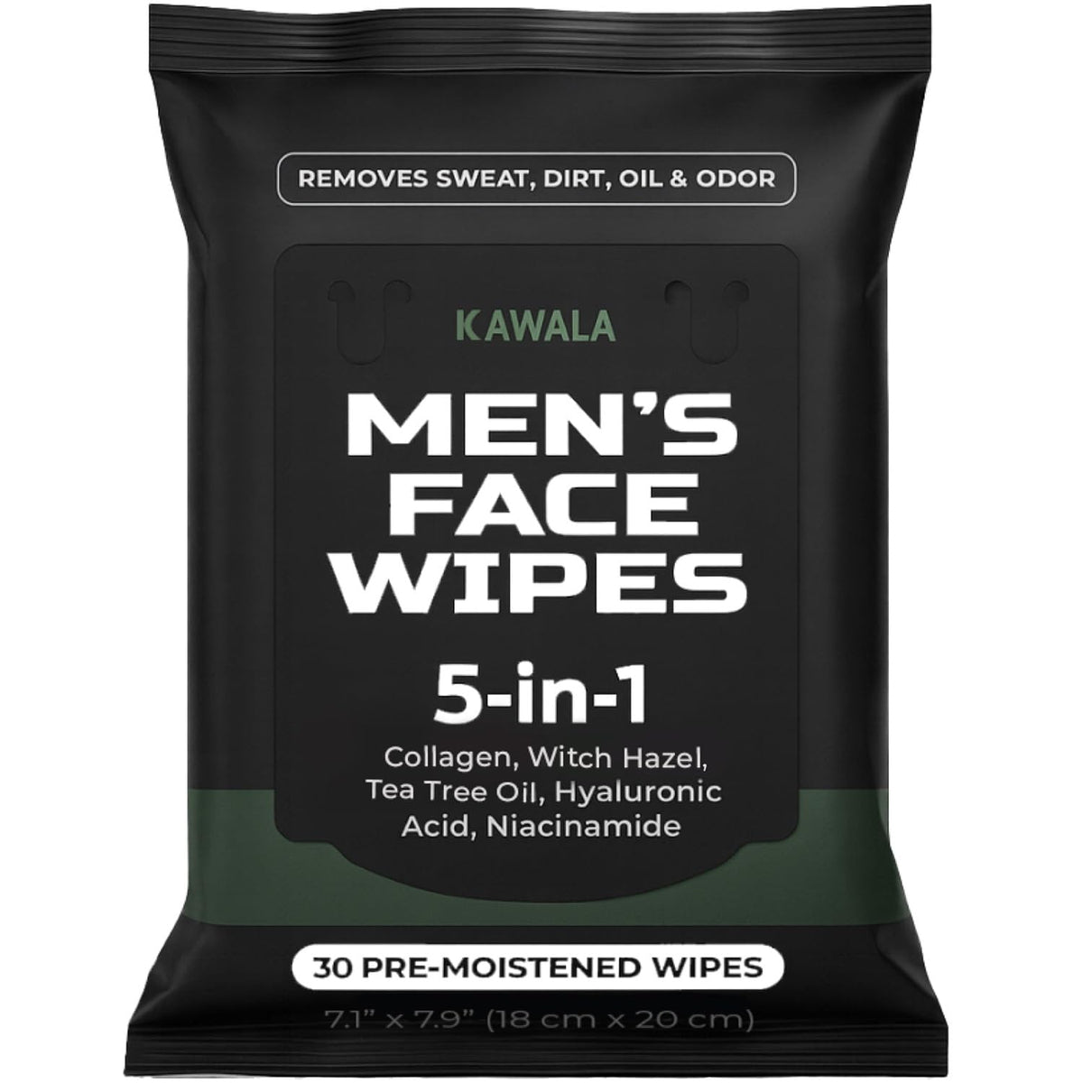 Kawala front packaging showing resealable 30-wipe pouch and woodsy scent benefit