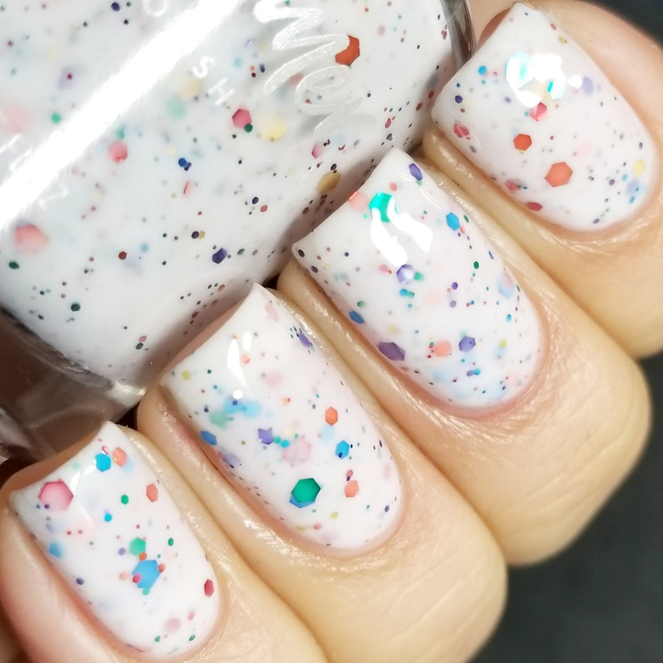 KBShimmer Oh Splat full bottle front view showing white glitter polish benefit: colorful finish