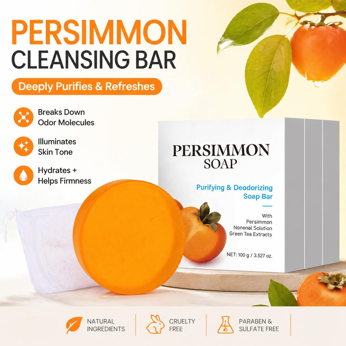 KDMAN persimmon soap close-up texture highlighting creamy lather benefit