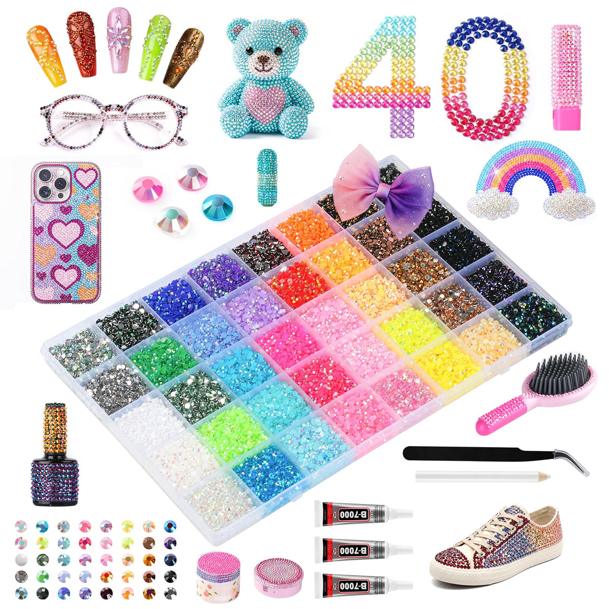 Kdpuei front packaging showing full bedazzling kit and included tools
