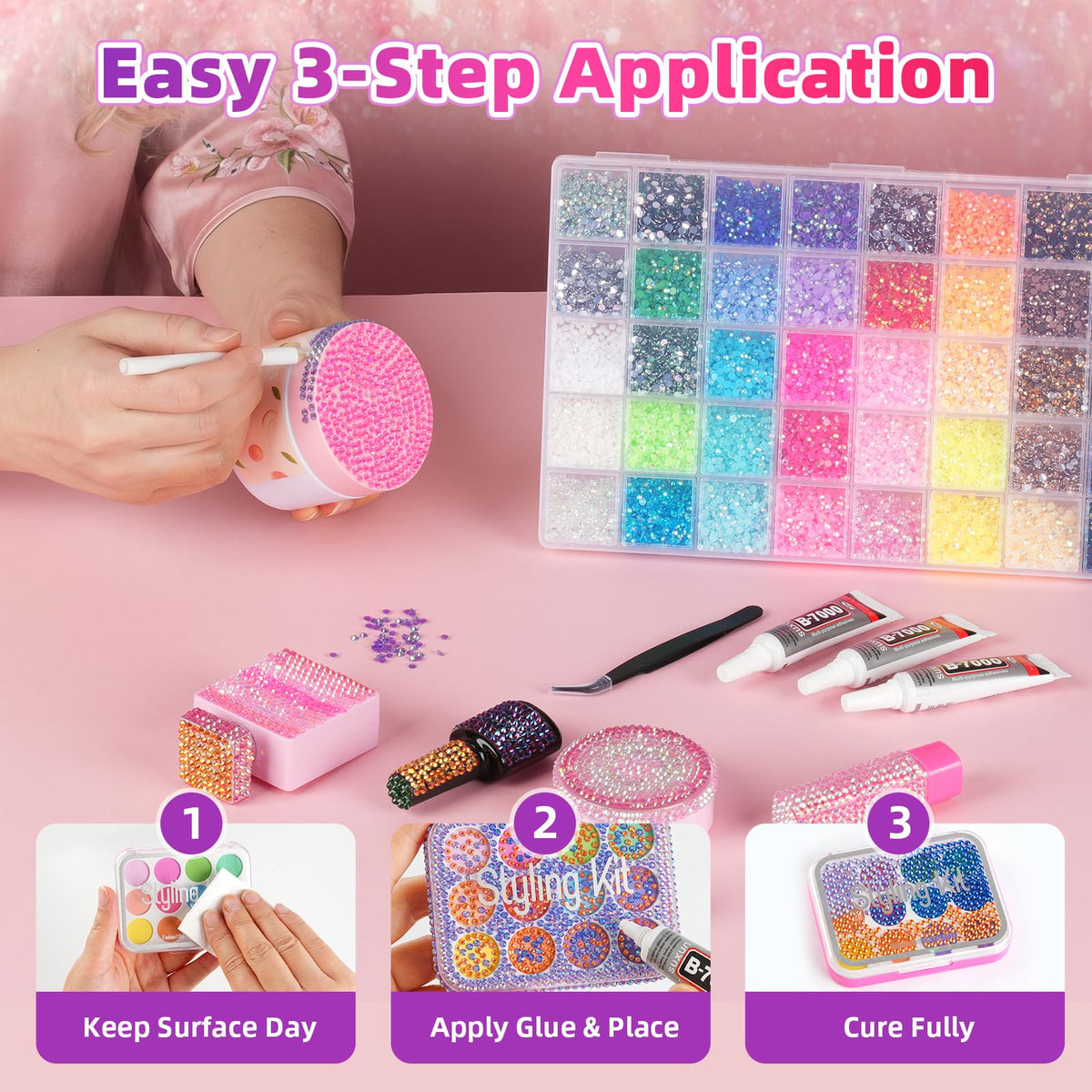 Kdpuei glue and precision tools laid out for efficient rhinestone application