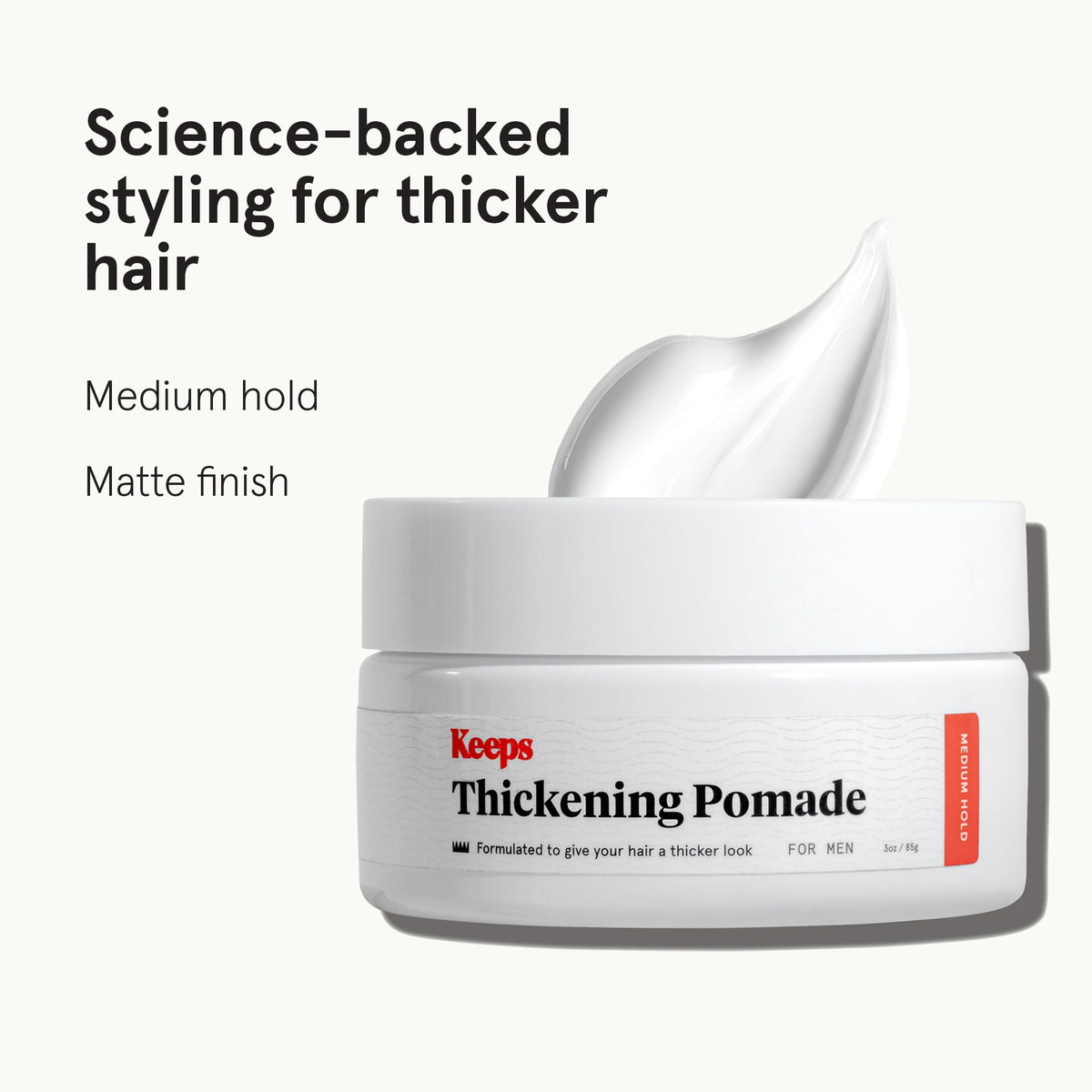 Keeps pomade open jar close-up showing thickening texture for easy styling