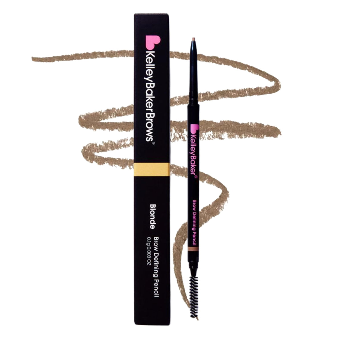 Kelley Baker front view of pencil showing dual-ended design and branding, easy travel use