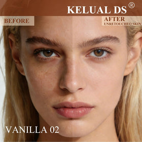 KELUAL DS blended on half face illustrating natural tint and dewy glow