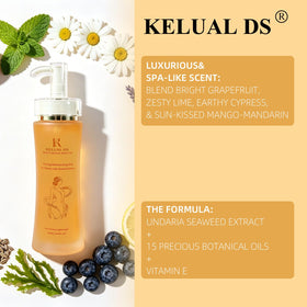 KELUAL DS bottle cap and label detail, shows ingredient callouts and clean formulation benefits
