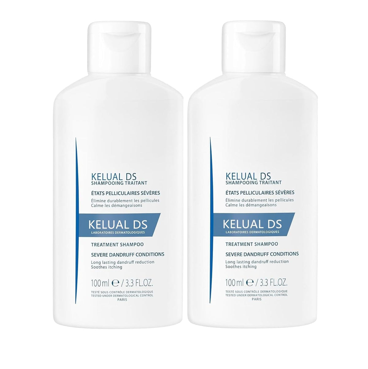 KELUAL DS closeup of bottle label highlighting dermatological formulation benefits