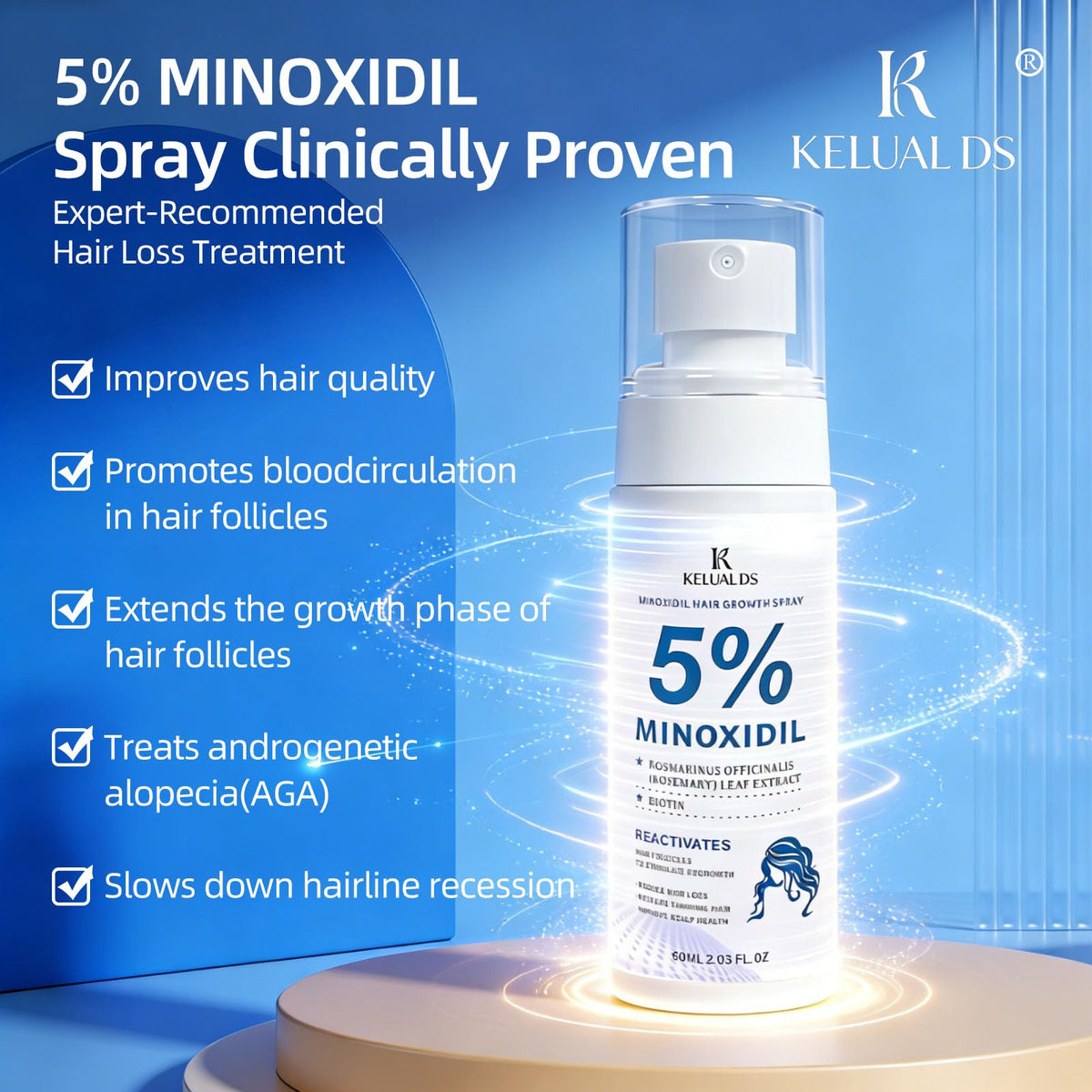 KELUAL DS bottle with clear label displaying ingredients and concentration