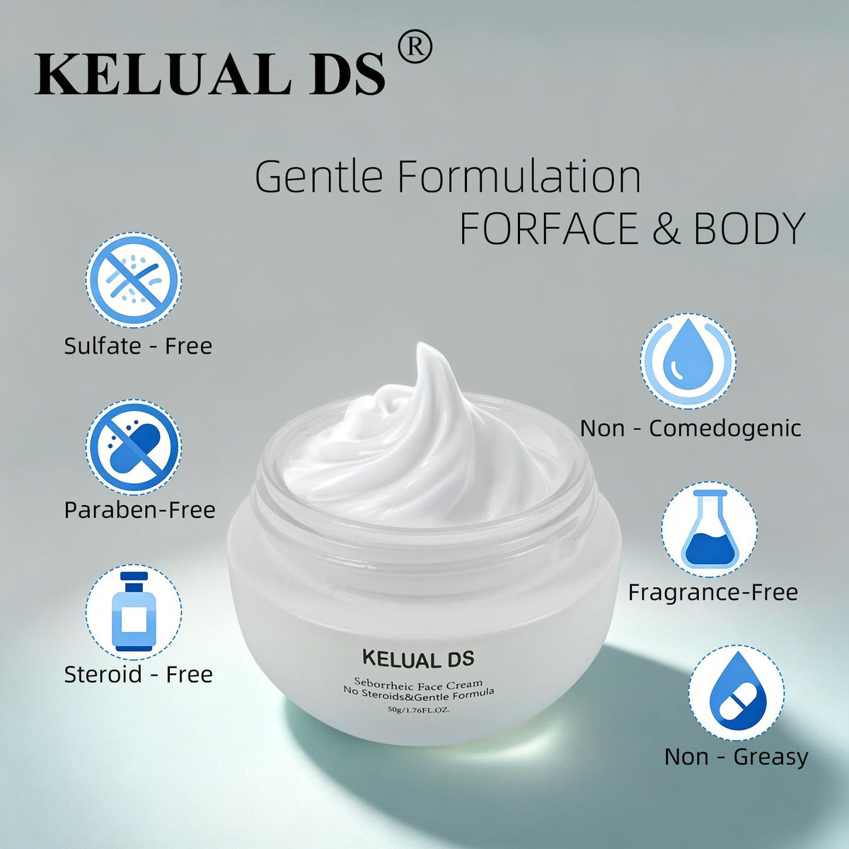 KELUAL DS ingredient label showing ceramides and calendula for barrier support