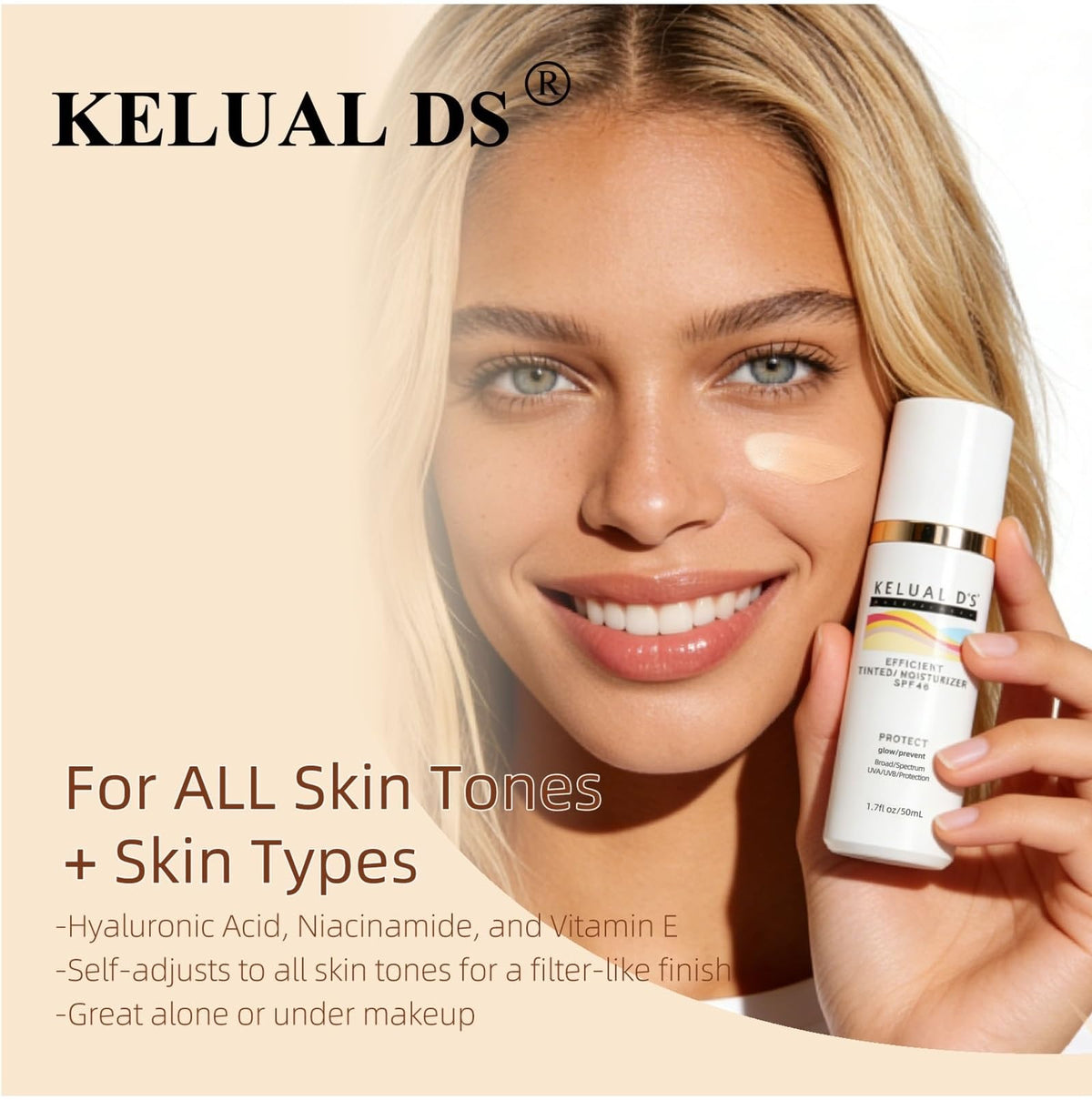 KELUAL DS ingredients label showing hyaluronic acid and niacinamide benefits