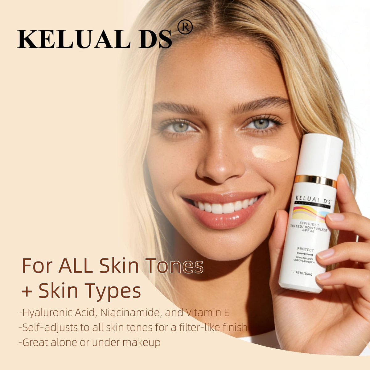 KELUAL DS label close-up highlighting hyaluronic acid, niacinamide, vitamin E