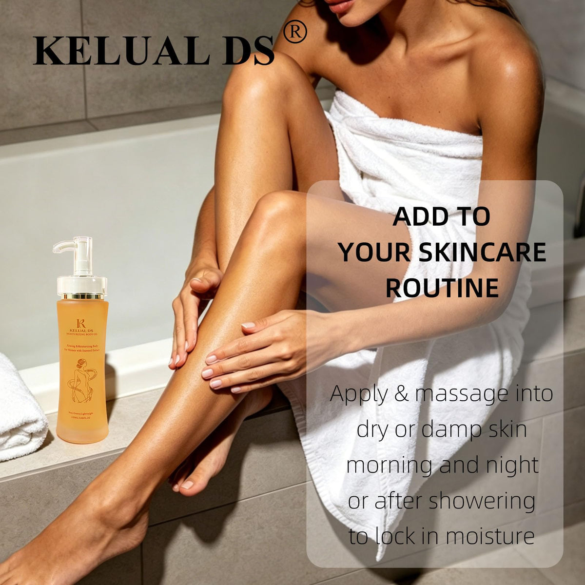 KELUAL DS bottle shown next to a hand for scale, clarifies 120ml size and travel-friendly benefit